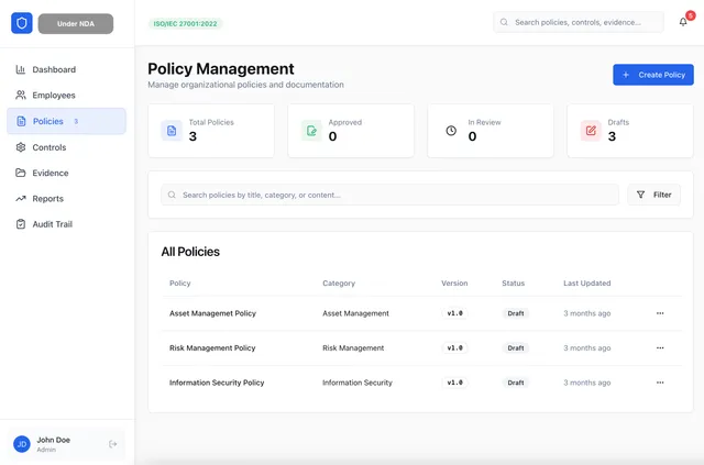 Compliance platform document control screen