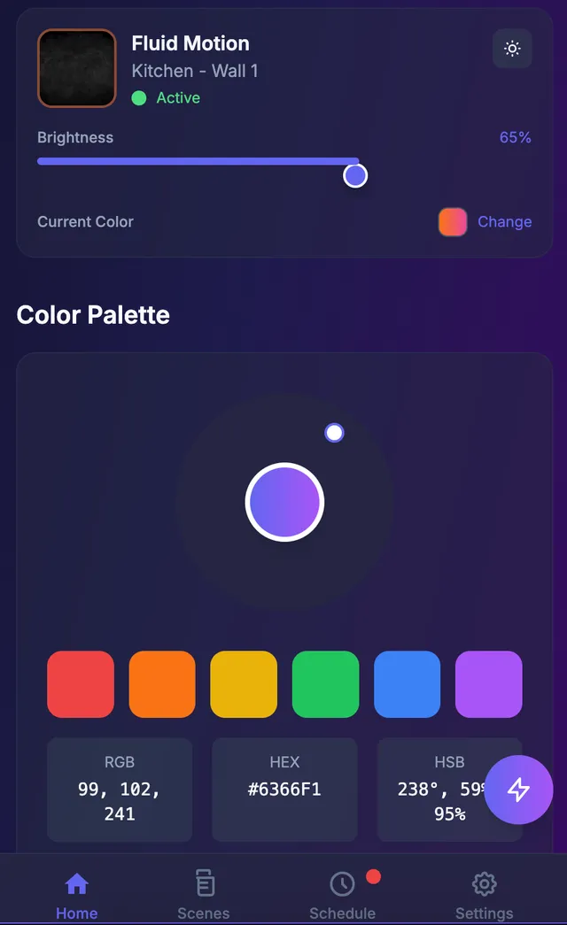 LED painting app home screen with brightness and color controls