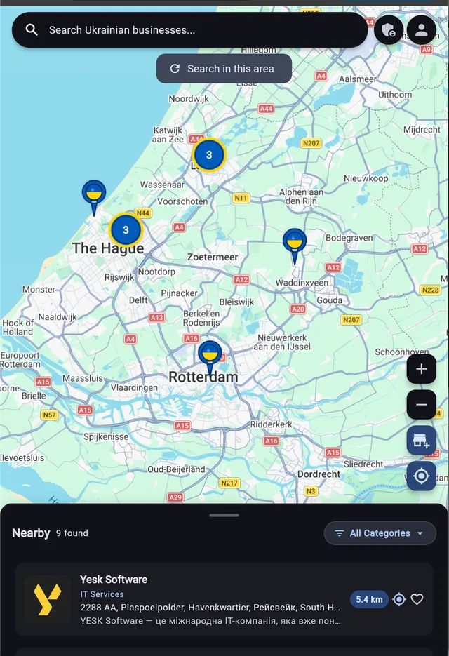 Ukrainity map of Ukrainian businesses in the Netherlands with search, clusters and a list of nearby places