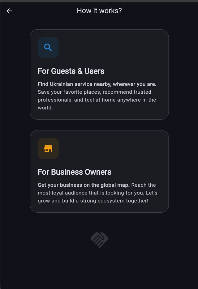 Ukrainity “How it works?” screen for guests and for business owners
